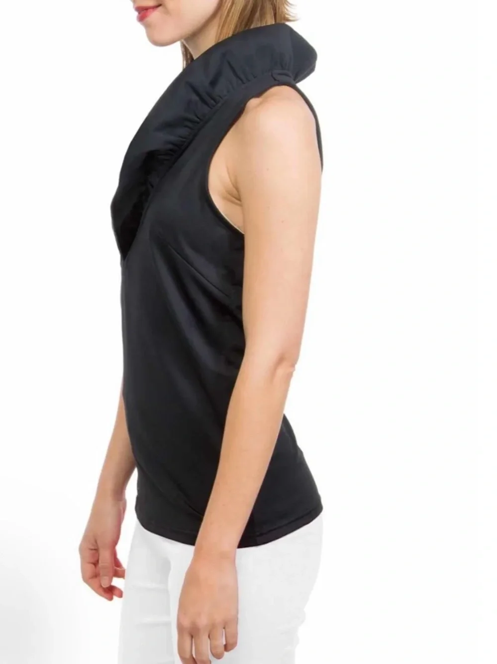GRETCHEN SCOTT, Jersey Sleeveless Ruffneck Top - Solid Black, Size Large, NWOT - Picture 3 of 12